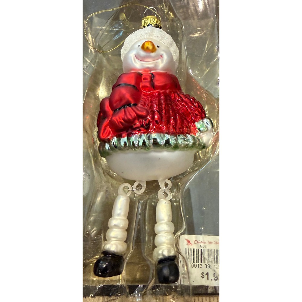 Christmas Holiday Ornament Red White Glass Dangle Leg Snowman Vintage NEW